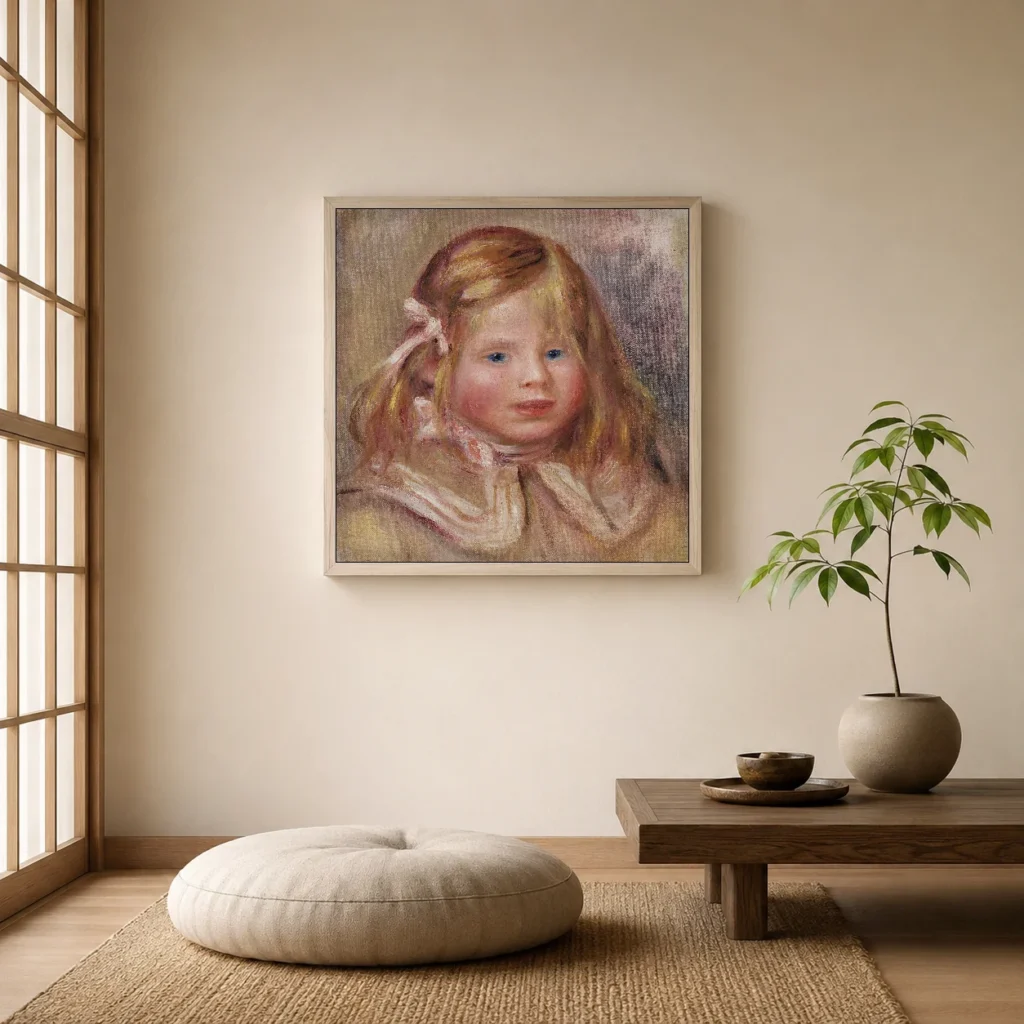 Framed print of Coco with pink ribbon hanging on a wall in a furnished room