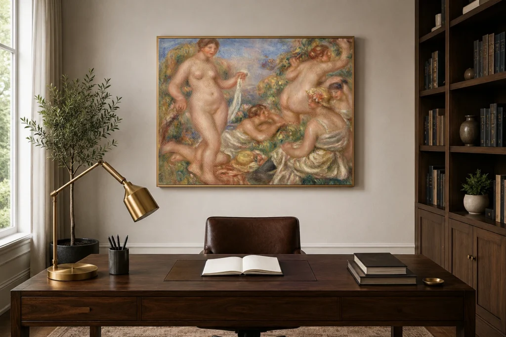 Framed print of Composition, Five Bathers (Composition, cinq baigneuses) hanging on a wall in a furnished room
