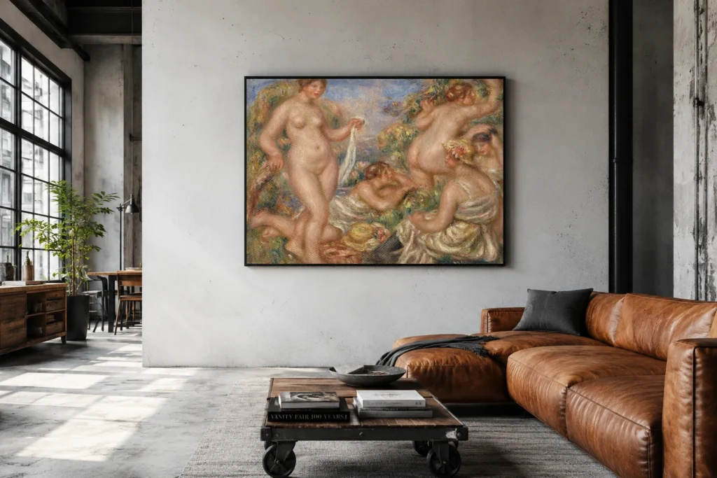 Framed print of Composition, Five Bathers (Composition, cinq baigneuses) hanging on a wall in a furnished room