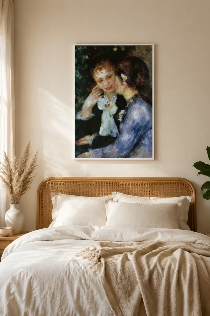 Framed print of Confidences hanging on a wall in a furnished room