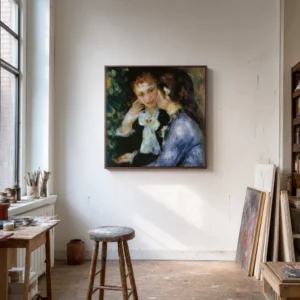 Framed print of Confidences hanging on a wall in a furnished room