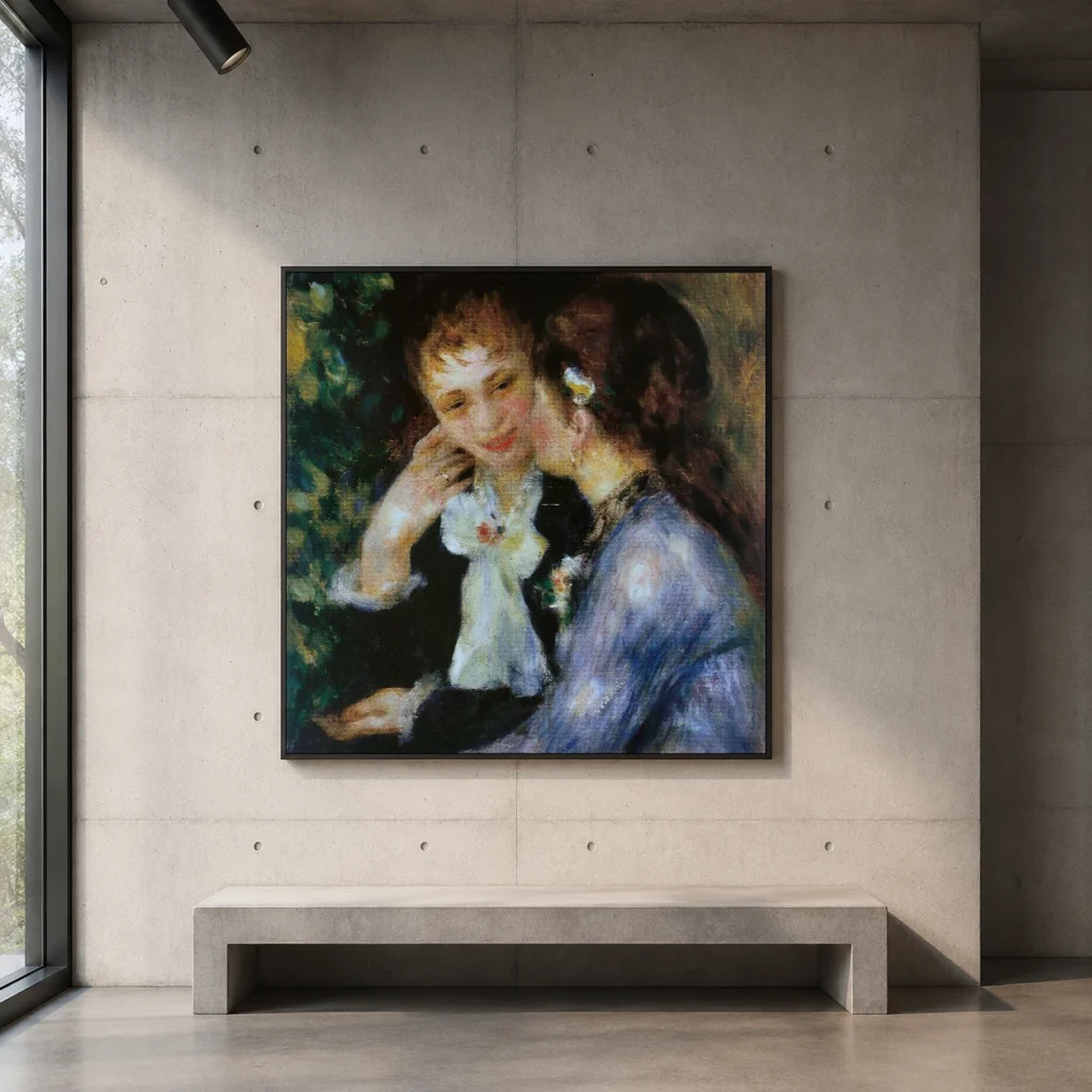 Framed print of Confidences hanging on a wall in a furnished room