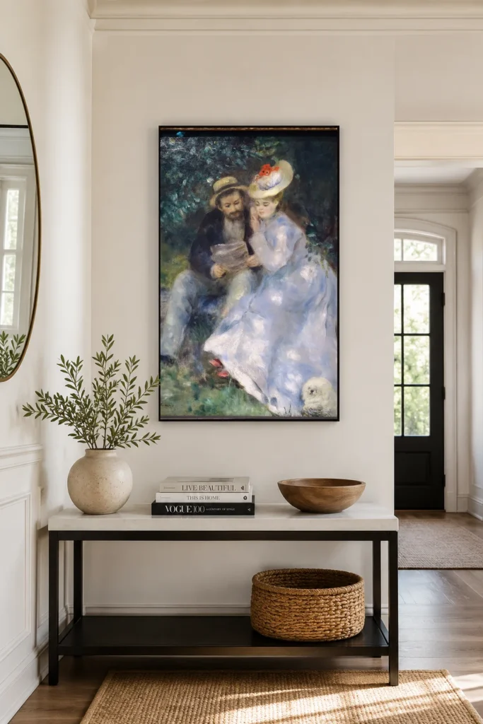Framed print of Confidences hanging on a wall in a furnished room
