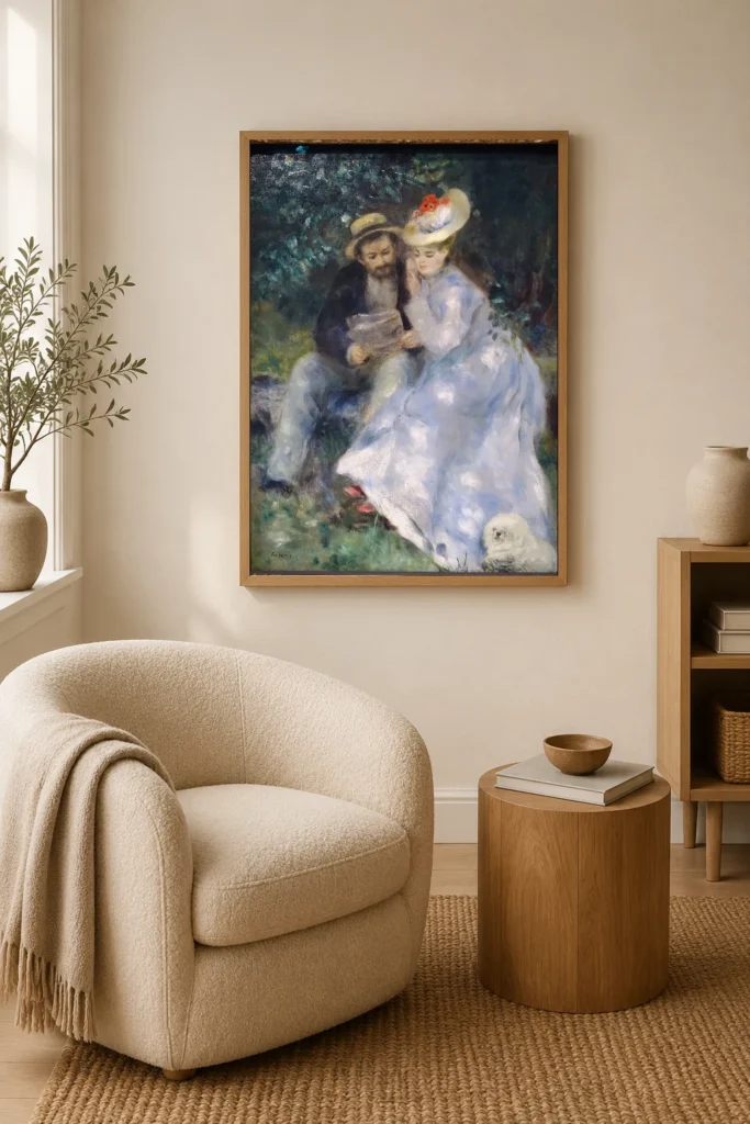 Framed print of Confidences hanging on a wall in a furnished room
