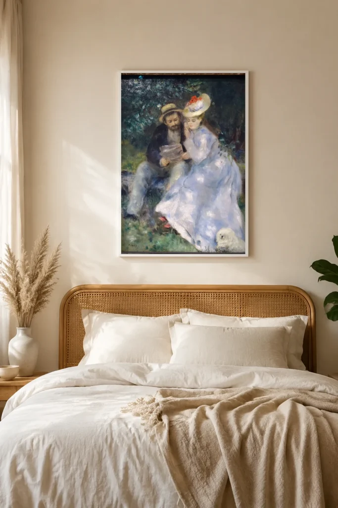 Framed print of Confidences hanging on a wall in a furnished room