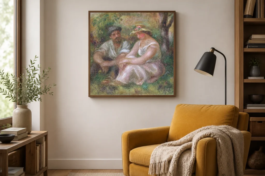 Framed print of Conversation hanging on a wall in a furnished room