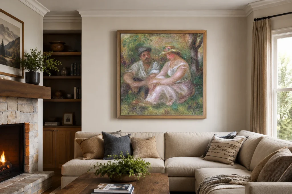 Framed print of Conversation hanging on a wall in a furnished room
