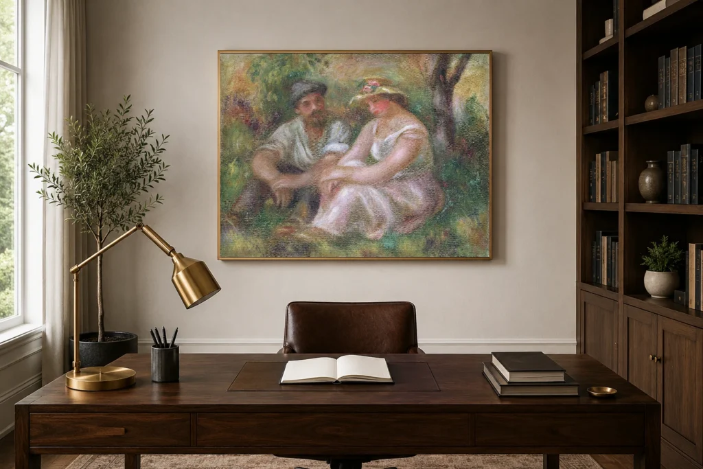 Framed print of Conversation hanging on a wall in a furnished room
