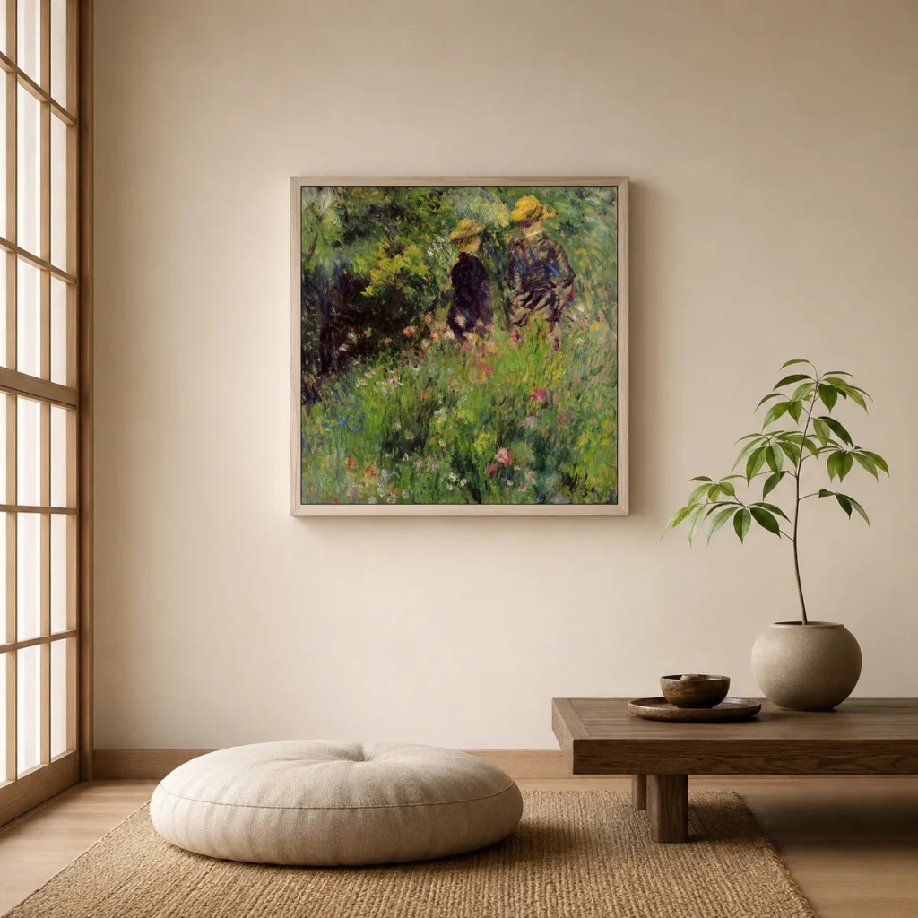 Framed print of Conversation in a Rose Garden hanging on a wall in a furnished room