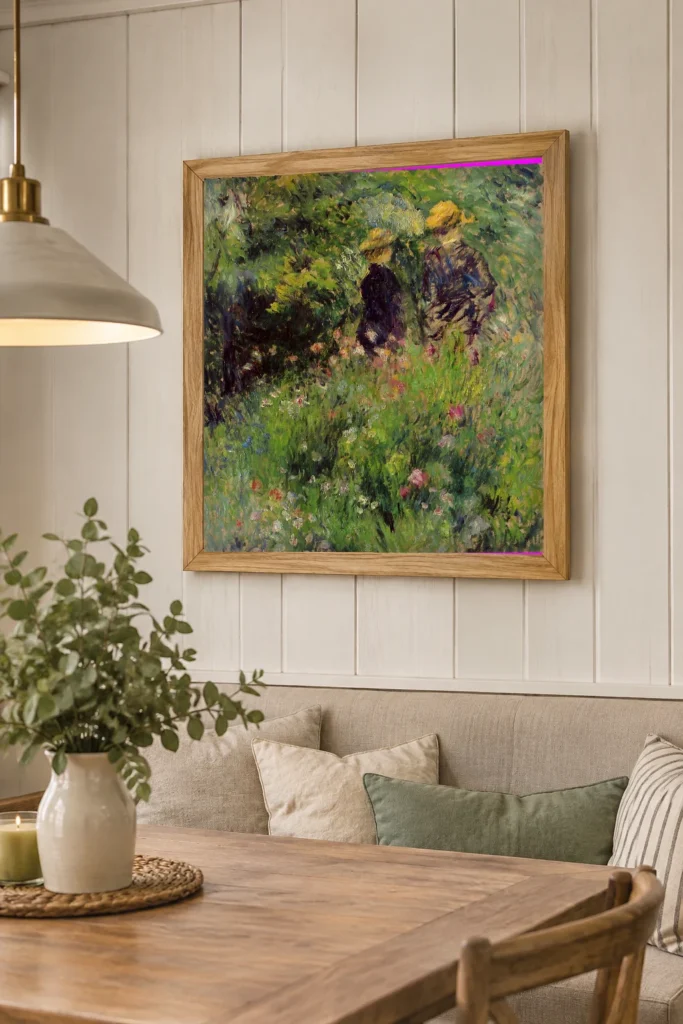 Framed print of Conversation in a Rose Garden hanging on a wall in a furnished room