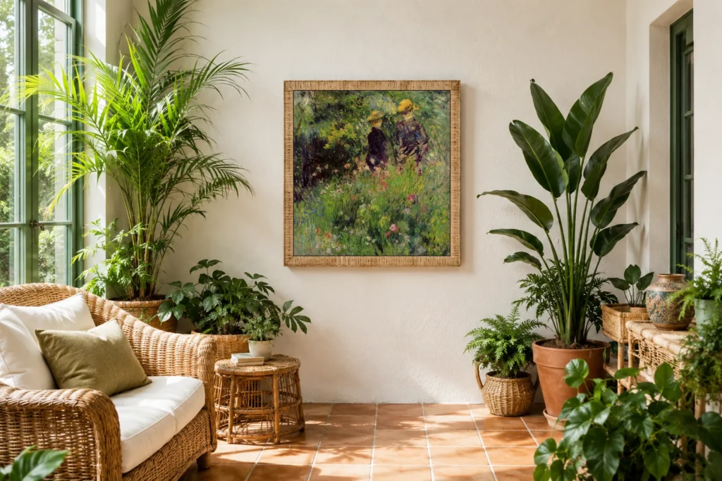 Framed print of Conversation in a Rose Garden hanging on a wall in a furnished room