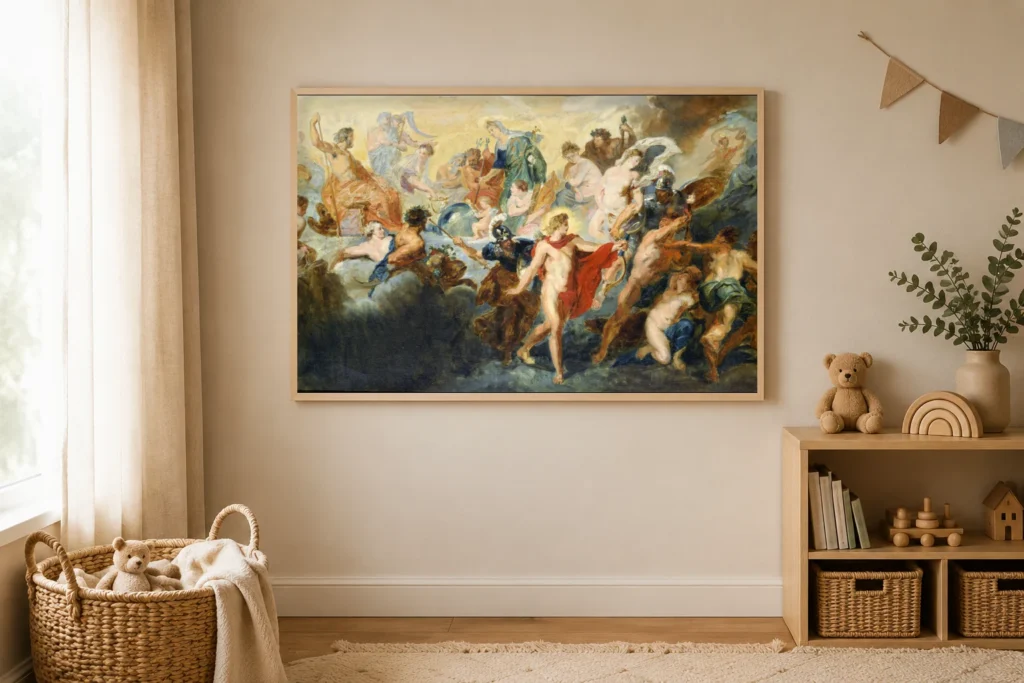 Framed print of Copy after the Painting by Rubens “The Council of Gods” hanging on a wall in a furnished room