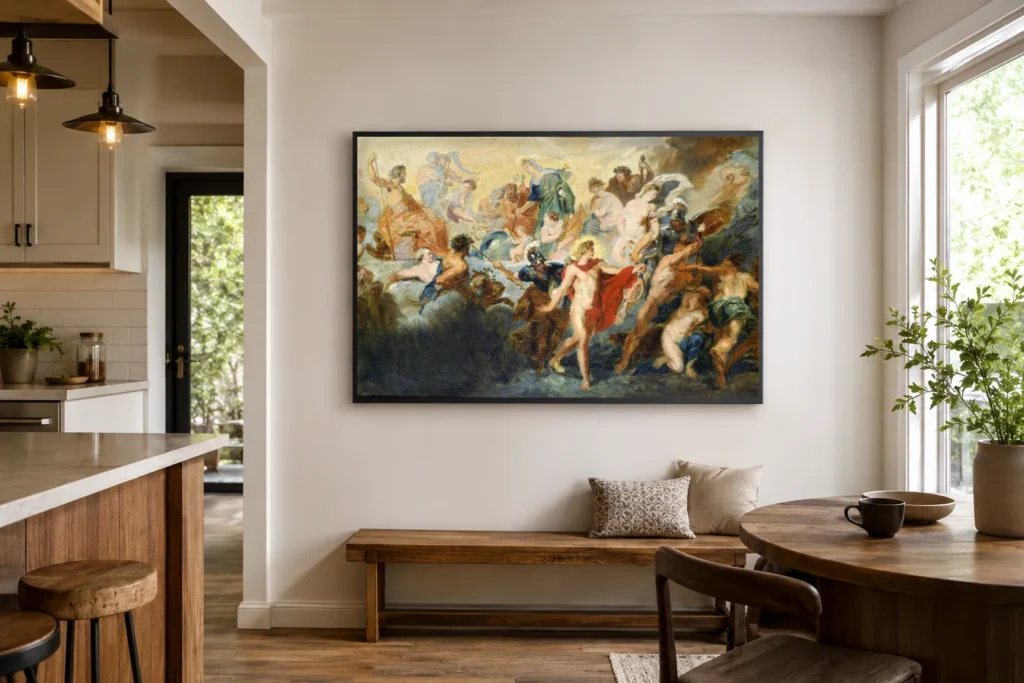 Framed print of Copy after the Painting by Rubens “The Council of Gods” hanging on a wall in a furnished room