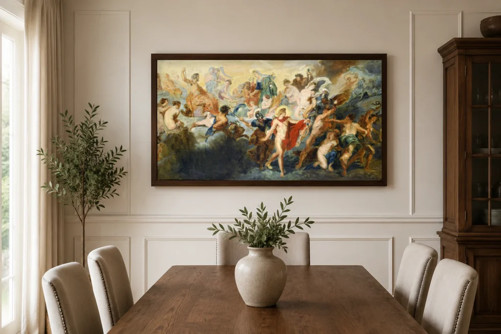 Framed print of Copy after the Painting by Rubens “The Council of Gods” hanging on a wall in a furnished room