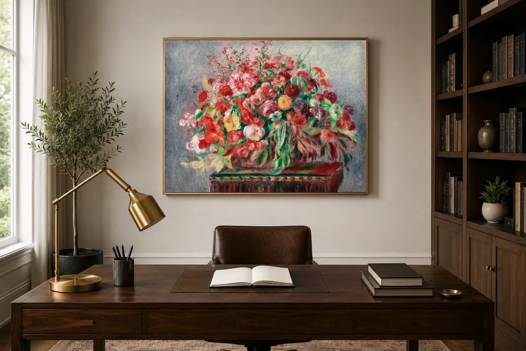 Framed print of Basket of Flowers hanging on a wall in a furnished room