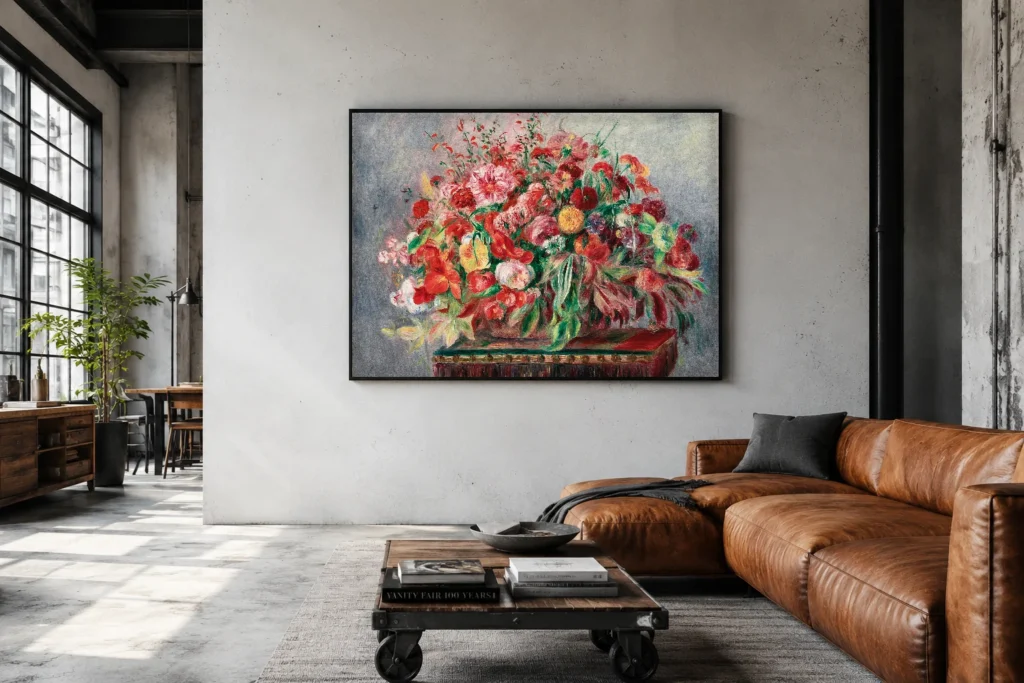 Framed print of Basket of Flowers hanging on a wall in a furnished room