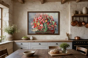 Framed print of Basket of Flowers hanging on a wall in a furnished room