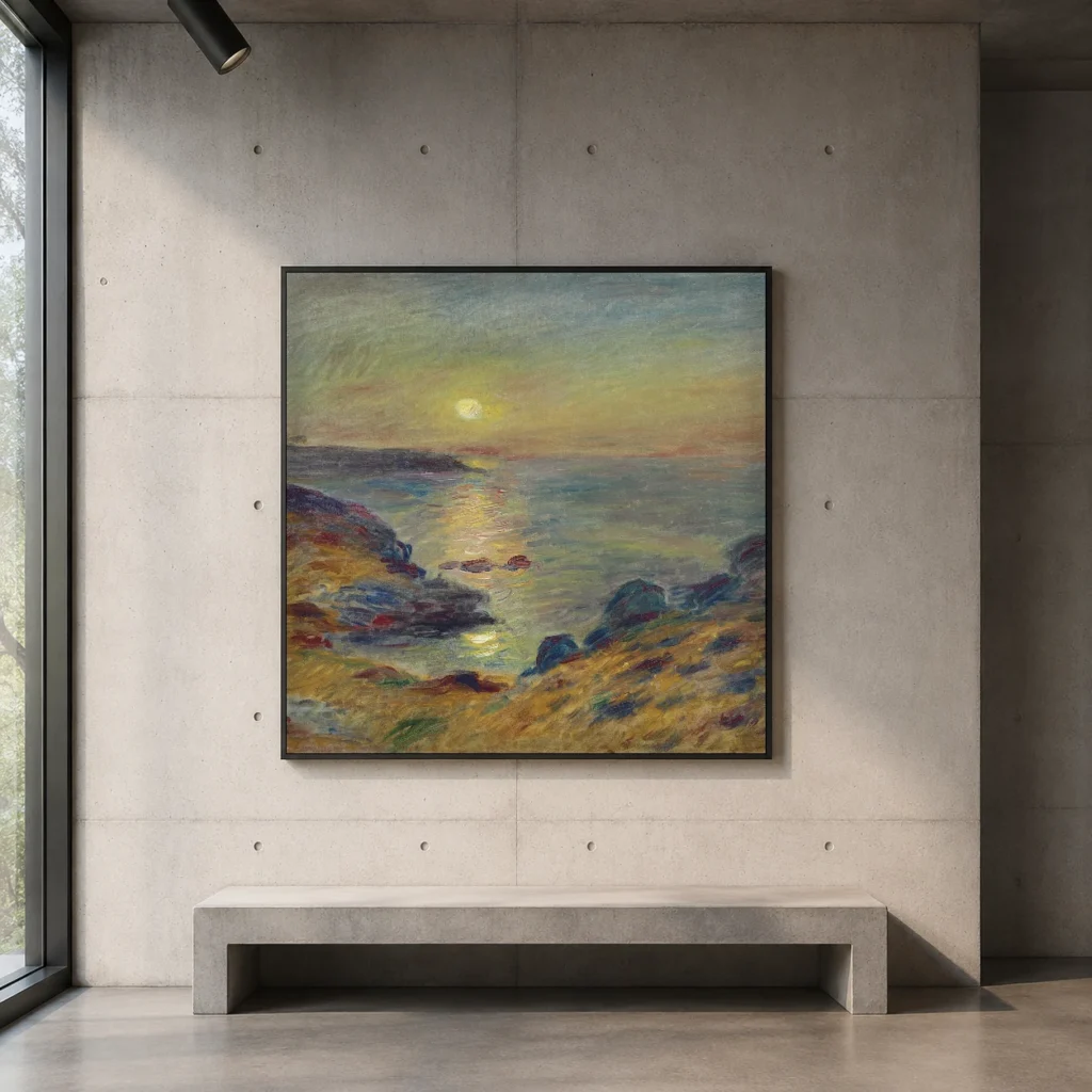 Framed print of Sunset at Douarnenez hanging on a wall in a furnished room
