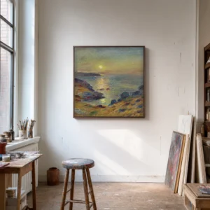 Framed print of Sunset at Douarnenez hanging on a wall in a furnished room