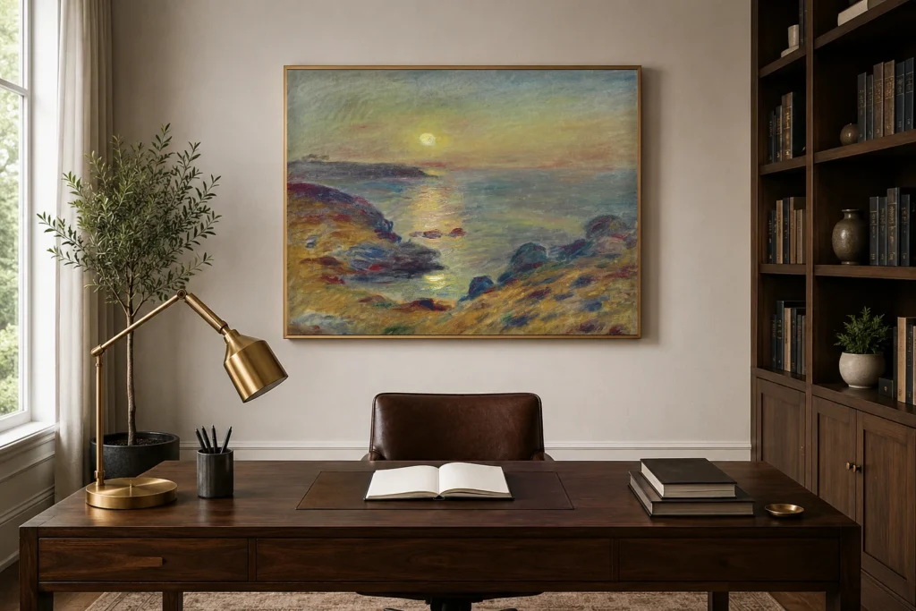 Framed print of Sunset at Douarnenez hanging on a wall in a furnished room