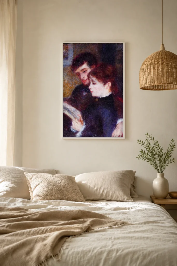Framed print of Couple Reading hanging on a wall in a furnished room