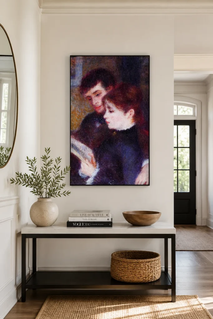 Framed print of Couple Reading hanging on a wall in a furnished room
