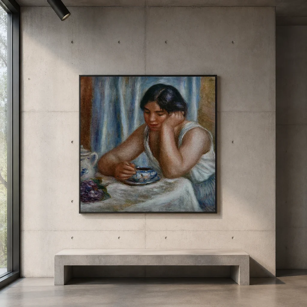 Framed print of Cup of Chocolate (Femme prenant du chocolat) hanging on a wall in a furnished room