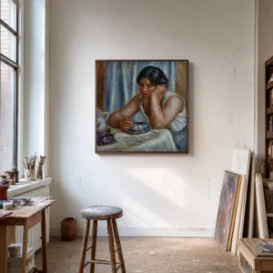 Framed print of Cup of Chocolate (Femme prenant du chocolat) hanging on a wall in a furnished room