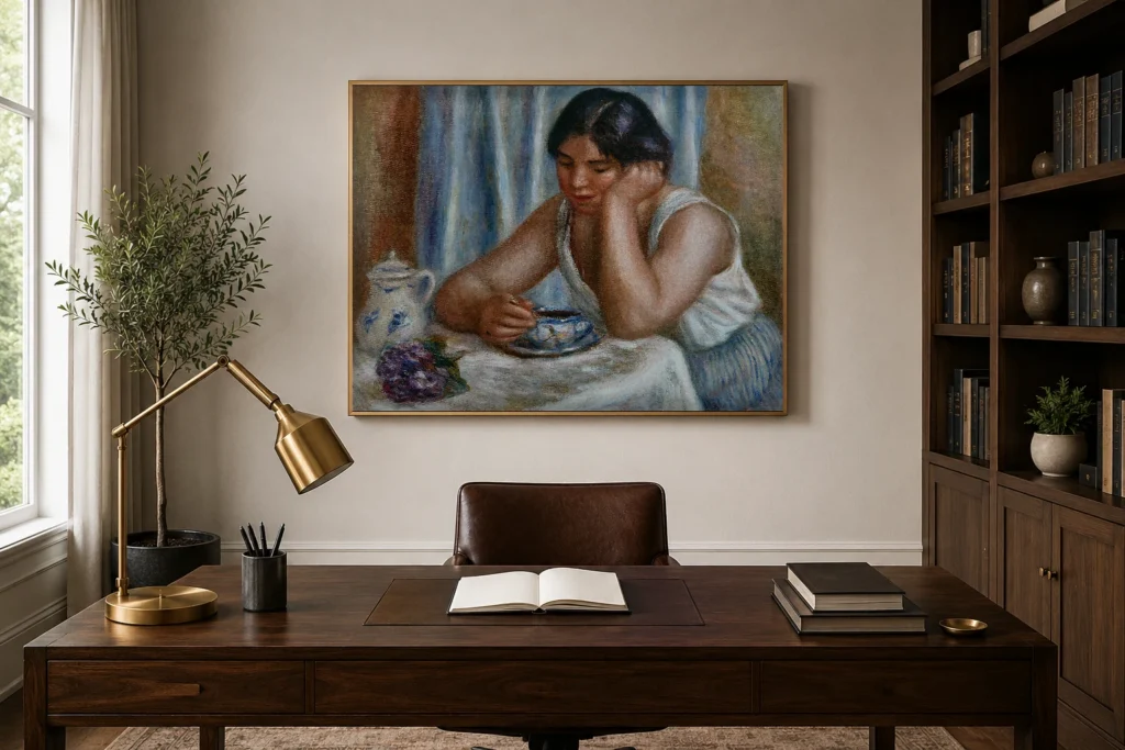 Framed print of Cup of Chocolate (Femme prenant du chocolat) hanging on a wall in a furnished room