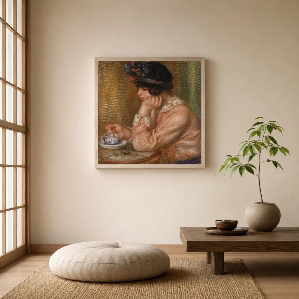 Framed print of Cup of Chocolate (La Tasse de chocolat) hanging on a wall in a furnished room