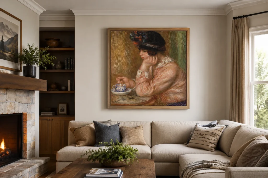 Framed print of Cup of Chocolate (La Tasse de chocolat) hanging on a wall in a furnished room