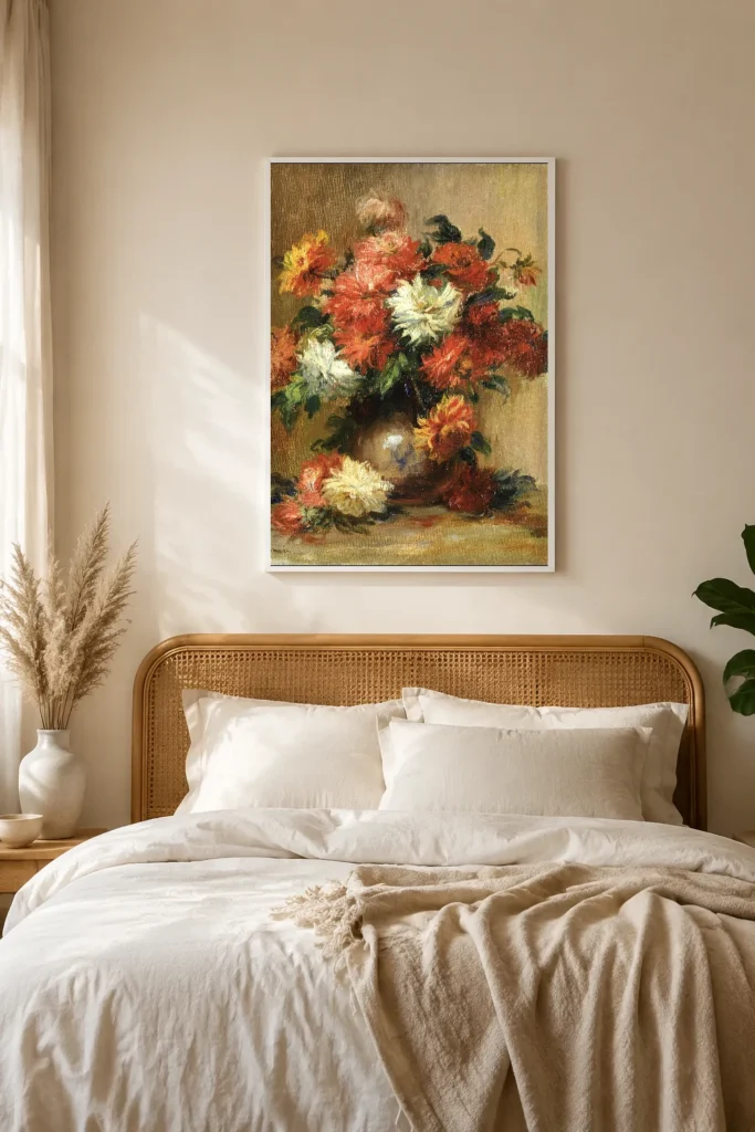 Framed print of Dahlias hanging on a wall in a furnished room