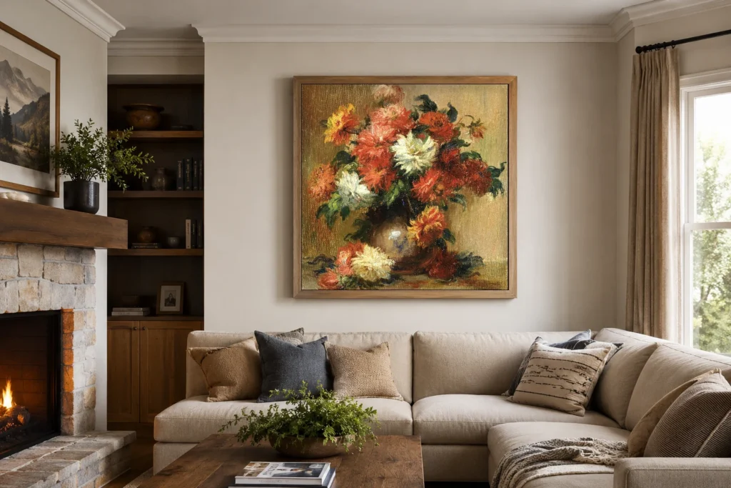 Framed print of Dahlias hanging on a wall in a furnished room