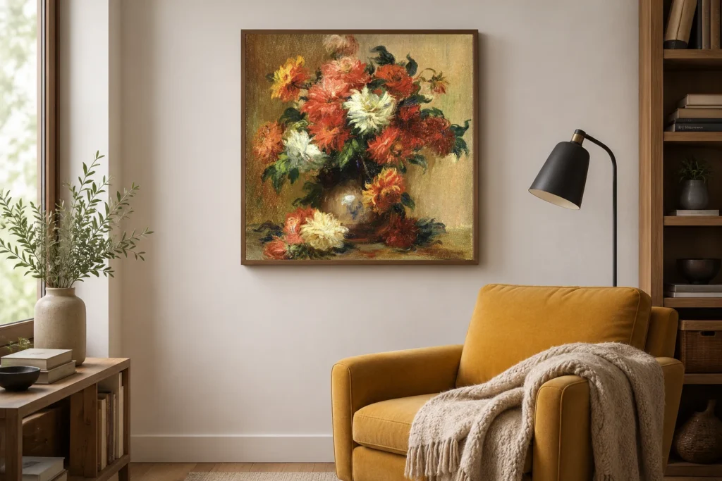 Framed print of Dahlias hanging on a wall in a furnished room
