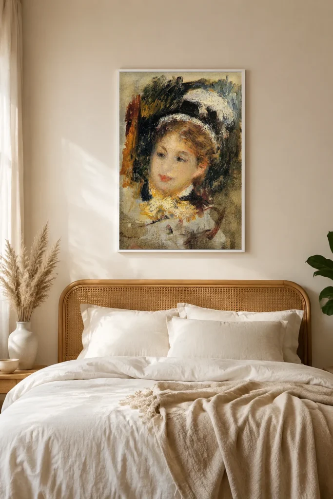 Framed print of Lady in City Dress hanging on a wall in a furnished room