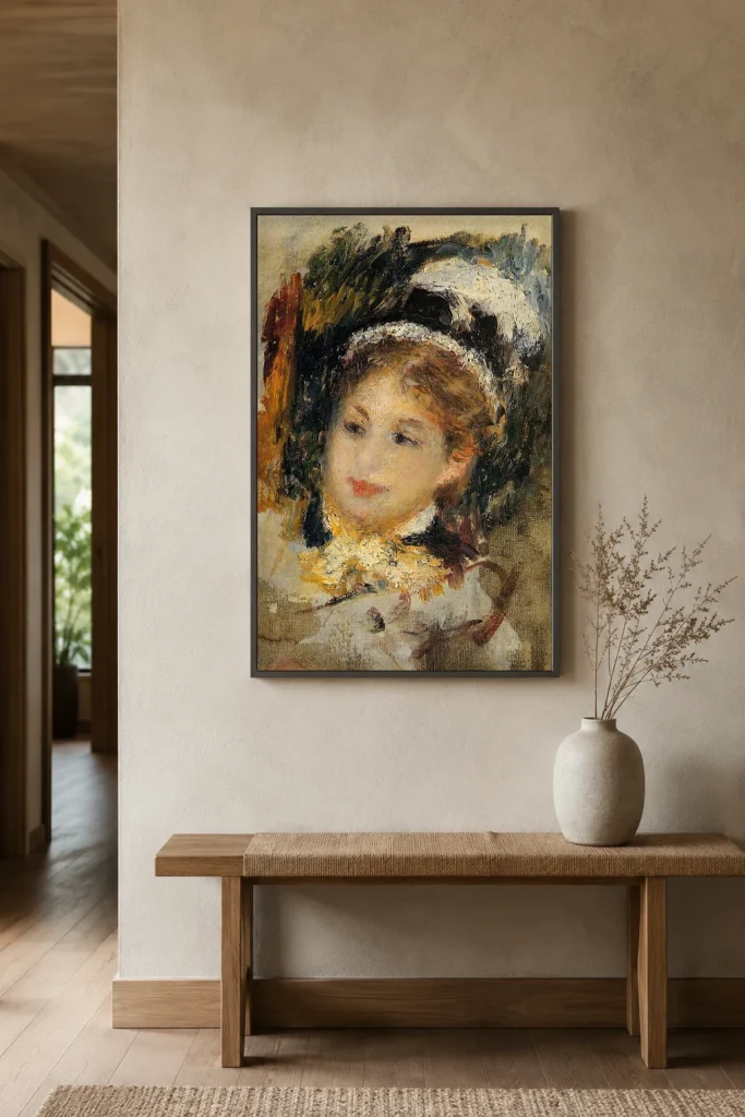 Framed print of Lady in City Dress hanging on a wall in a furnished room