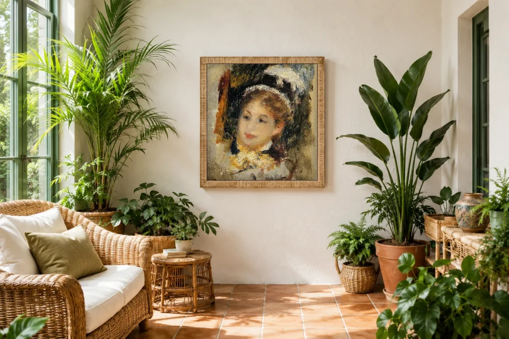 Framed print of Lady in City Dress hanging on a wall in a furnished room