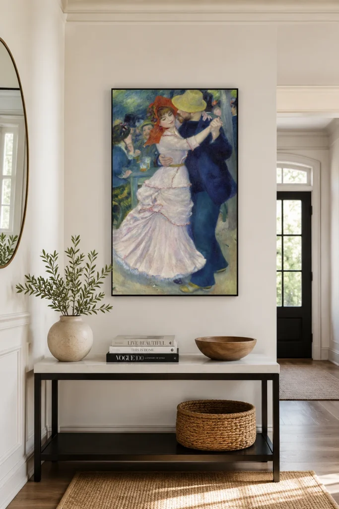 Framed print of Dance at Bougival hanging on a wall in a furnished room
