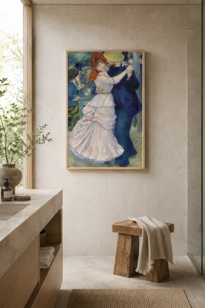 Framed print of Dance at Bougival hanging on a wall in a furnished room