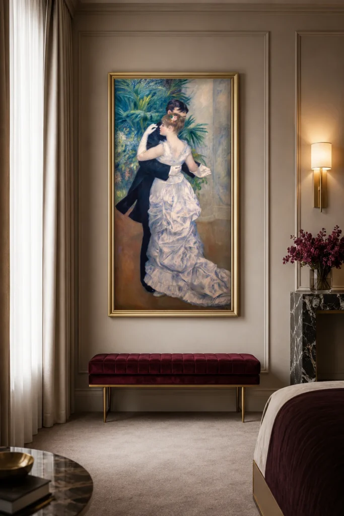 Framed print of Dance in the City hanging on a wall in a furnished room