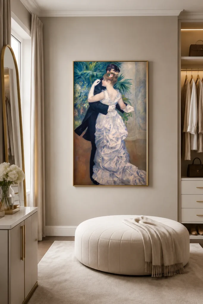 Framed print of Dance in the City hanging on a wall in a furnished room