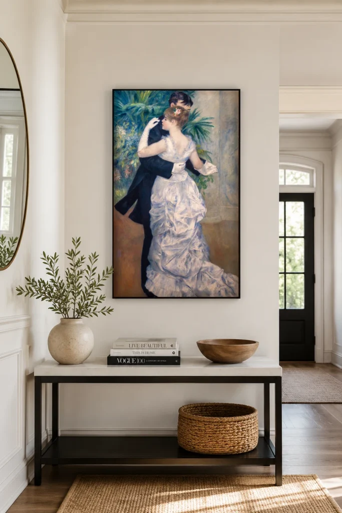 Framed print of Dance in the City hanging on a wall in a furnished room