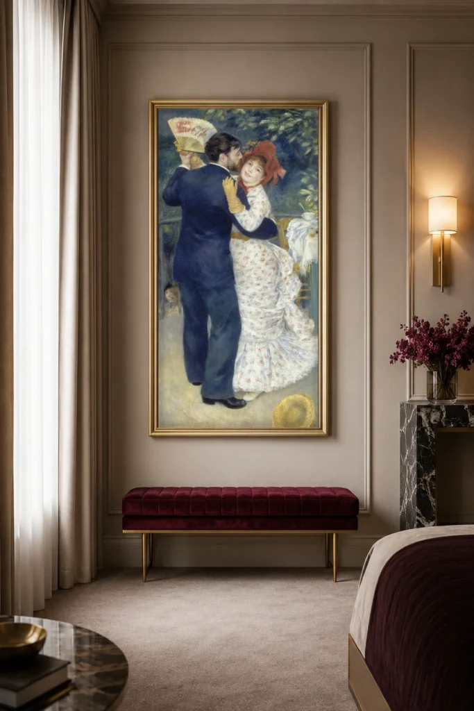 Framed print of Dance in the Country hanging on a wall in a furnished room