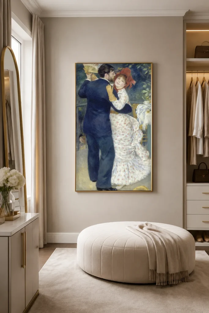 Framed print of Dance in the Country hanging on a wall in a furnished room
