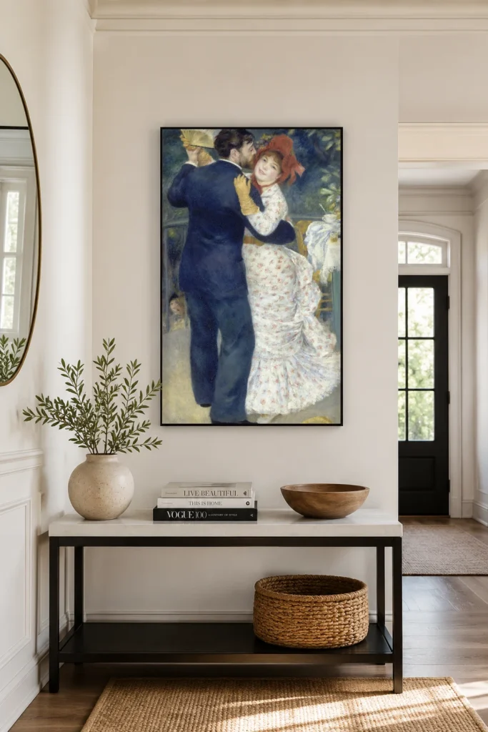 Framed print of Dance in the Country hanging on a wall in a furnished room
