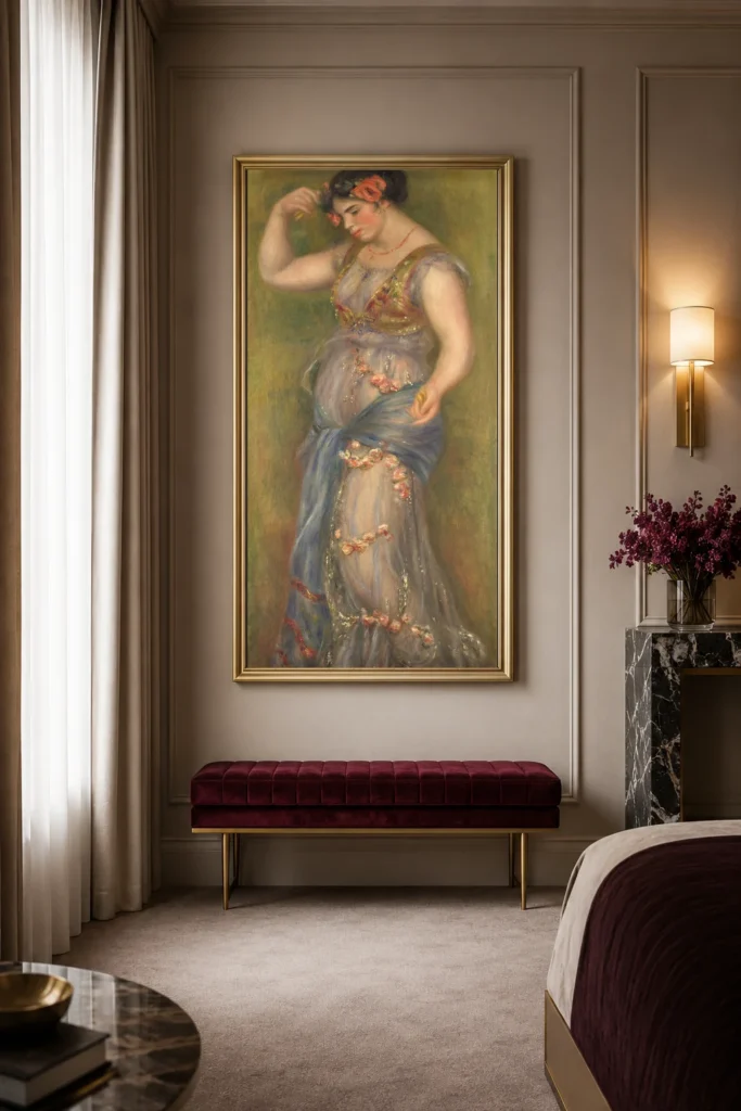 Framed print of Dancing Girl with Castanets hanging on a wall in a furnished room