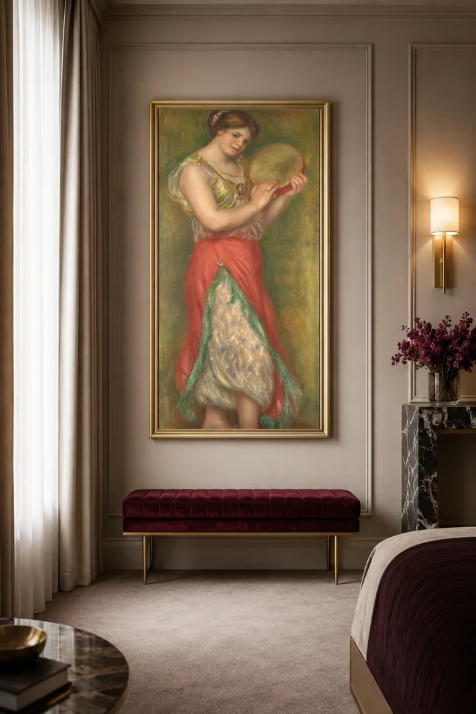 Framed print of Dancing Girl with Tambourine hanging on a wall in a furnished room