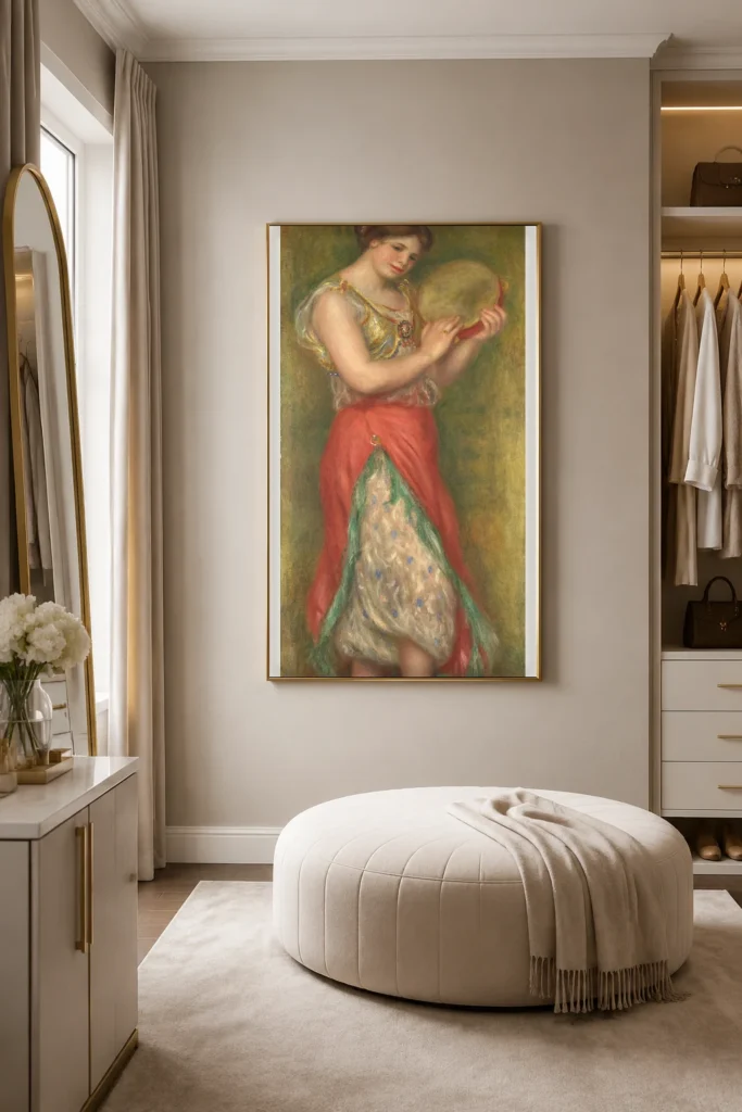 Framed print of Dancing Girl with Tambourine hanging on a wall in a furnished room