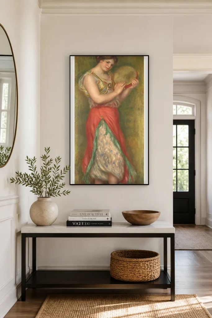 Framed print of Dancing Girl with Tambourine hanging on a wall in a furnished room