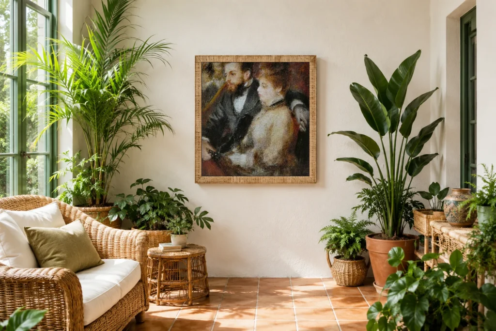Framed print of In the Box hanging on a wall in a furnished room